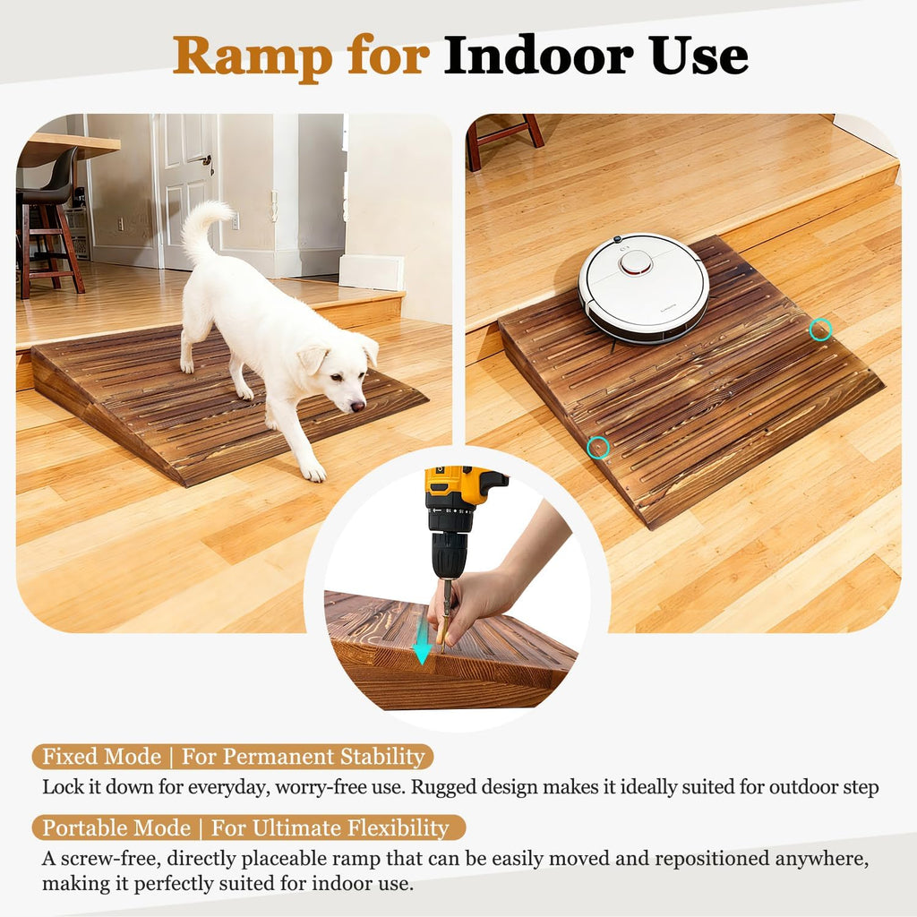 Wooden Threshold Ramps for Doorways, Home Steps Wheelchair Ramps,Walker/Cart/Scooter Stair Ramp for Elderly Handicap with Non-Slip Grooves (31.6' W*5.0' H, Solid Wood, 600lbs Capacity)