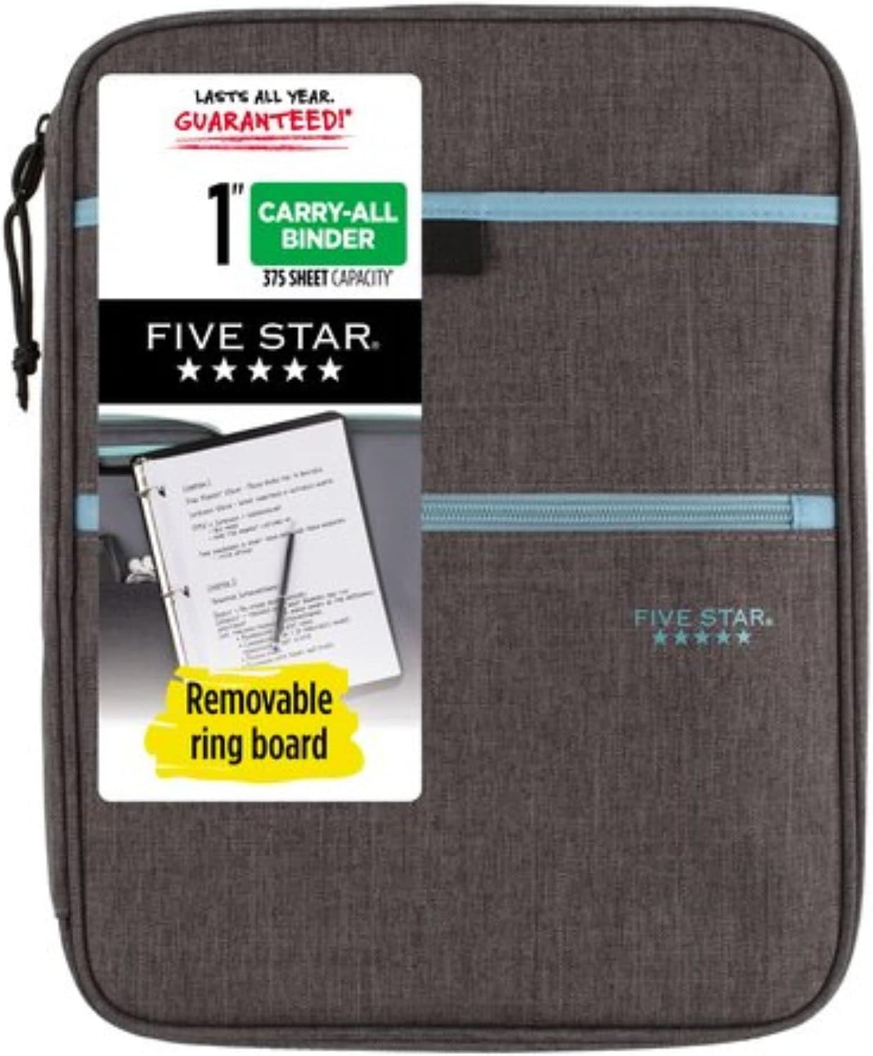 Five Star Zipper Binder, 1 Inch 3-Ring Binder with Round Rings, Carry-All with Pockets and 4-Tab Dividers, 375 Sheet Capacity, Gray/Mint (29092BH0) (Pack of 8)