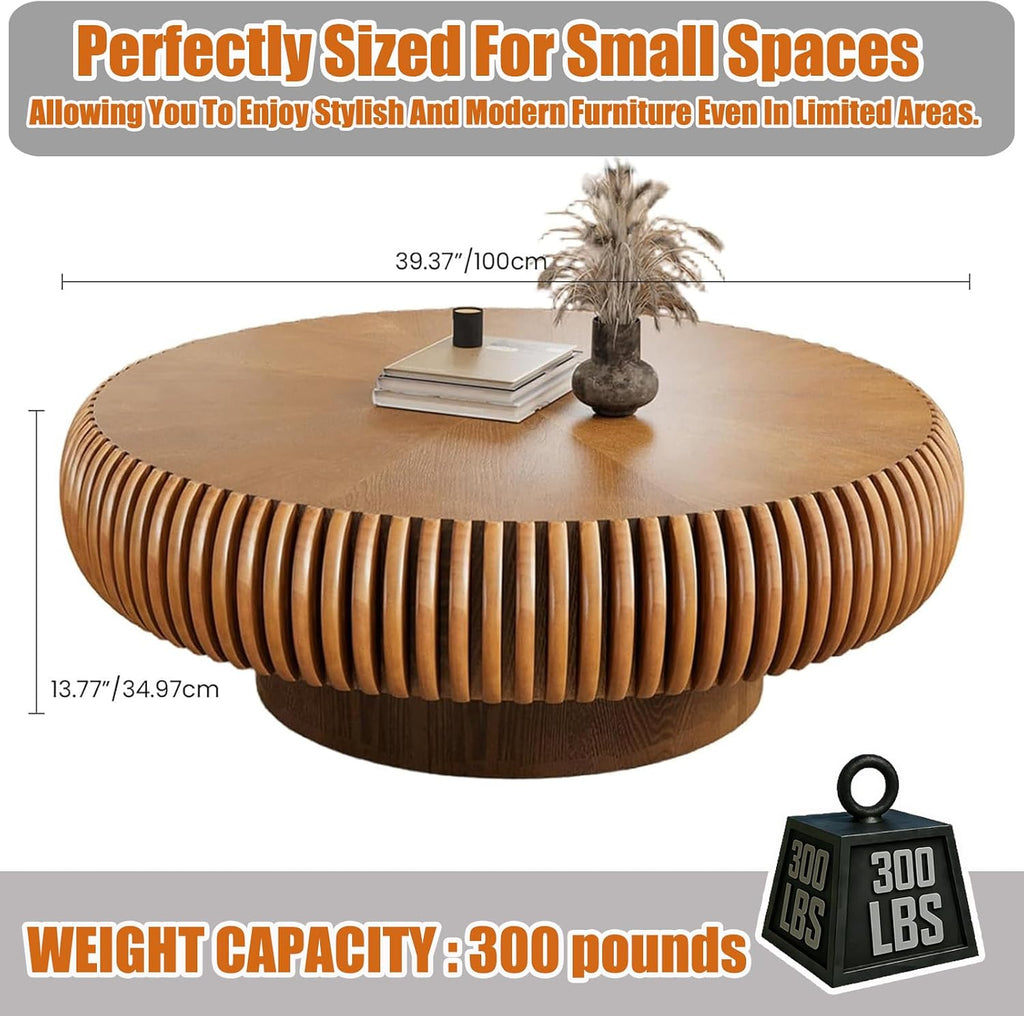 39.37' Round Drum Coffee Table, Modern Fluted Coffee Tables with Solid Wood Veneer, Wooden Circle Center Table for Living Room, Small Spaces, and Apartments, Easy Assembly
