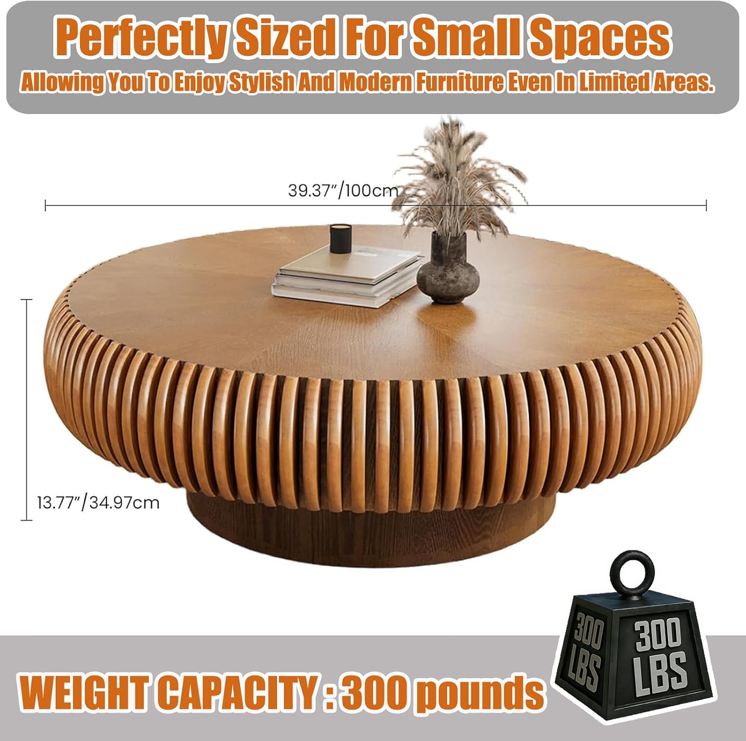 39.37' Round Drum Coffee Table, Modern Fluted Coffee Tables with Solid Wood Veneer, Wooden Circle Center Table for Living Room, Small Spaces, and Apartments, Easy Assembly