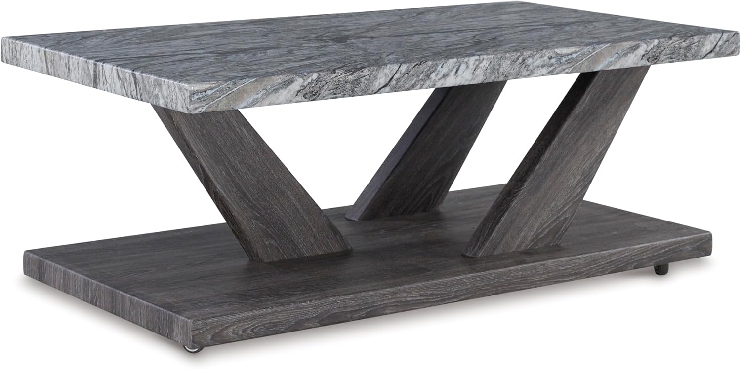 Signature Design by Ashley Bensonale Contemporary Occasional Table Set with Faux Marble Top and Casters, Set of 3, Gray & Dark Brown