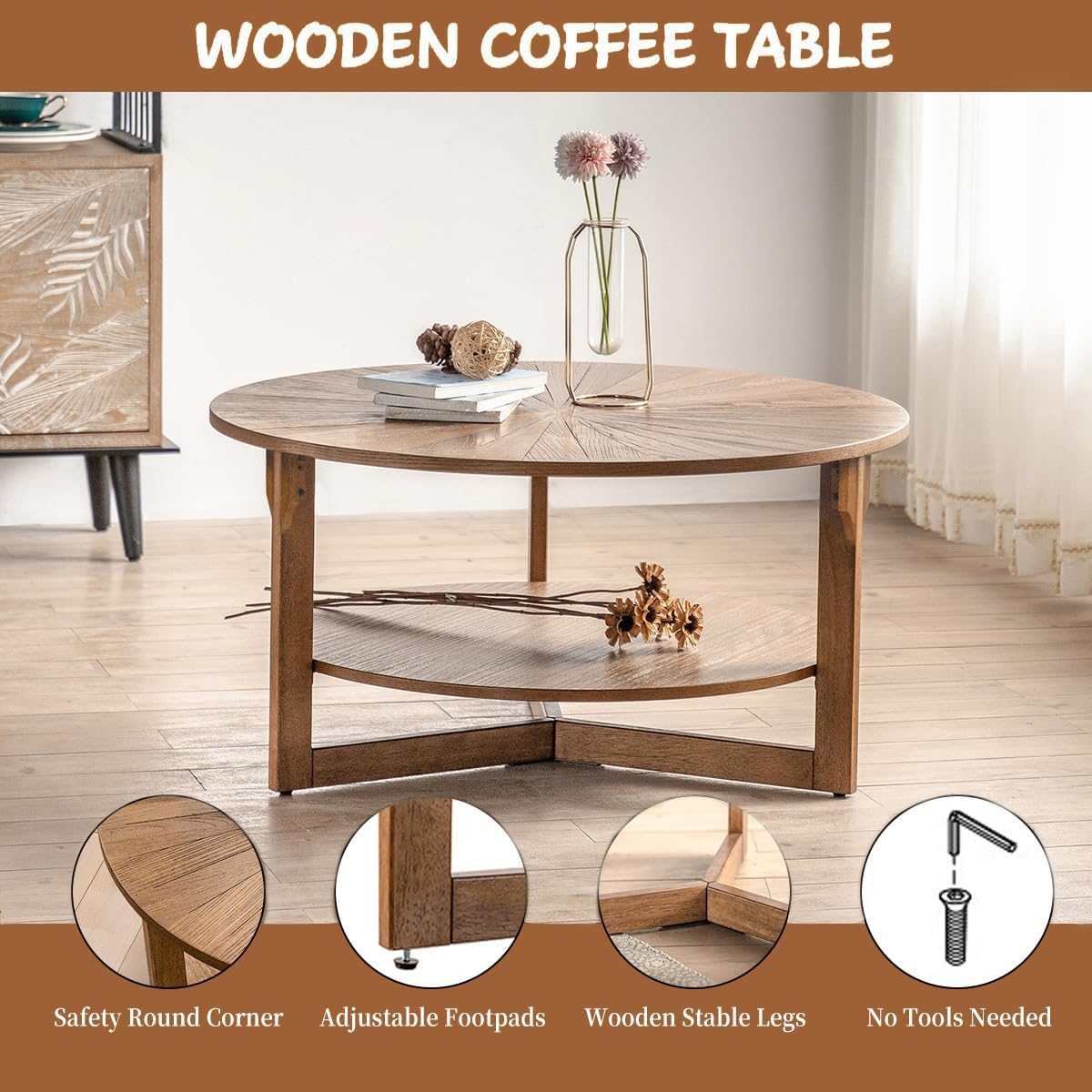 Round Coffee Table, 35' Circle Wood Coffee Table with Storage Shelf, 2 Tier Center Table for Living Room Apartment Home Furniture, Easy Assembly (Espresso,35' Dx35 Wx18 H)