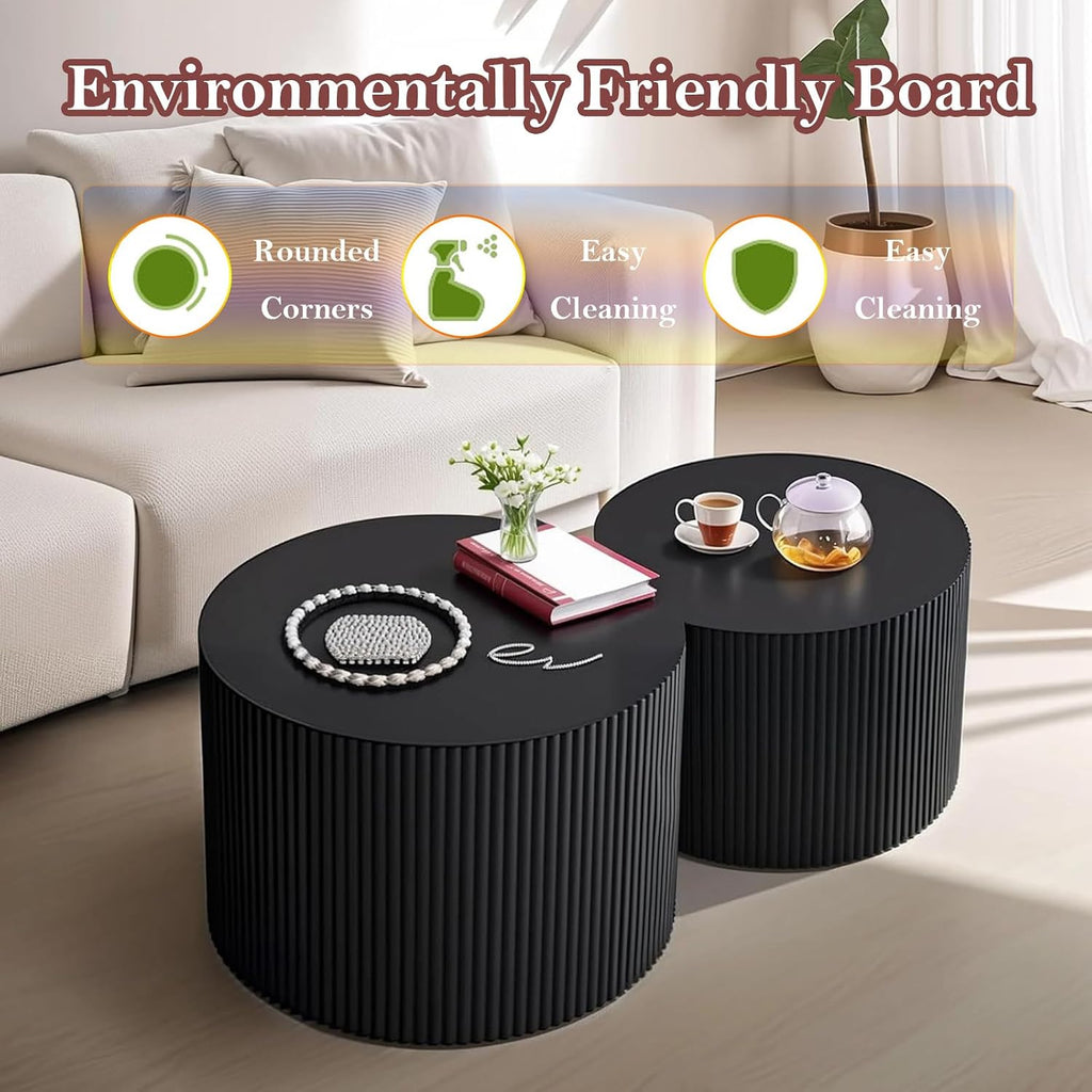 Black Round Fluted Coffee Table Set of 2 - Handcraft Embossed Design, Stylish Combination Center Drum Table for Living Room - No Assemble Needed (D-27.6IN+19.7IN)