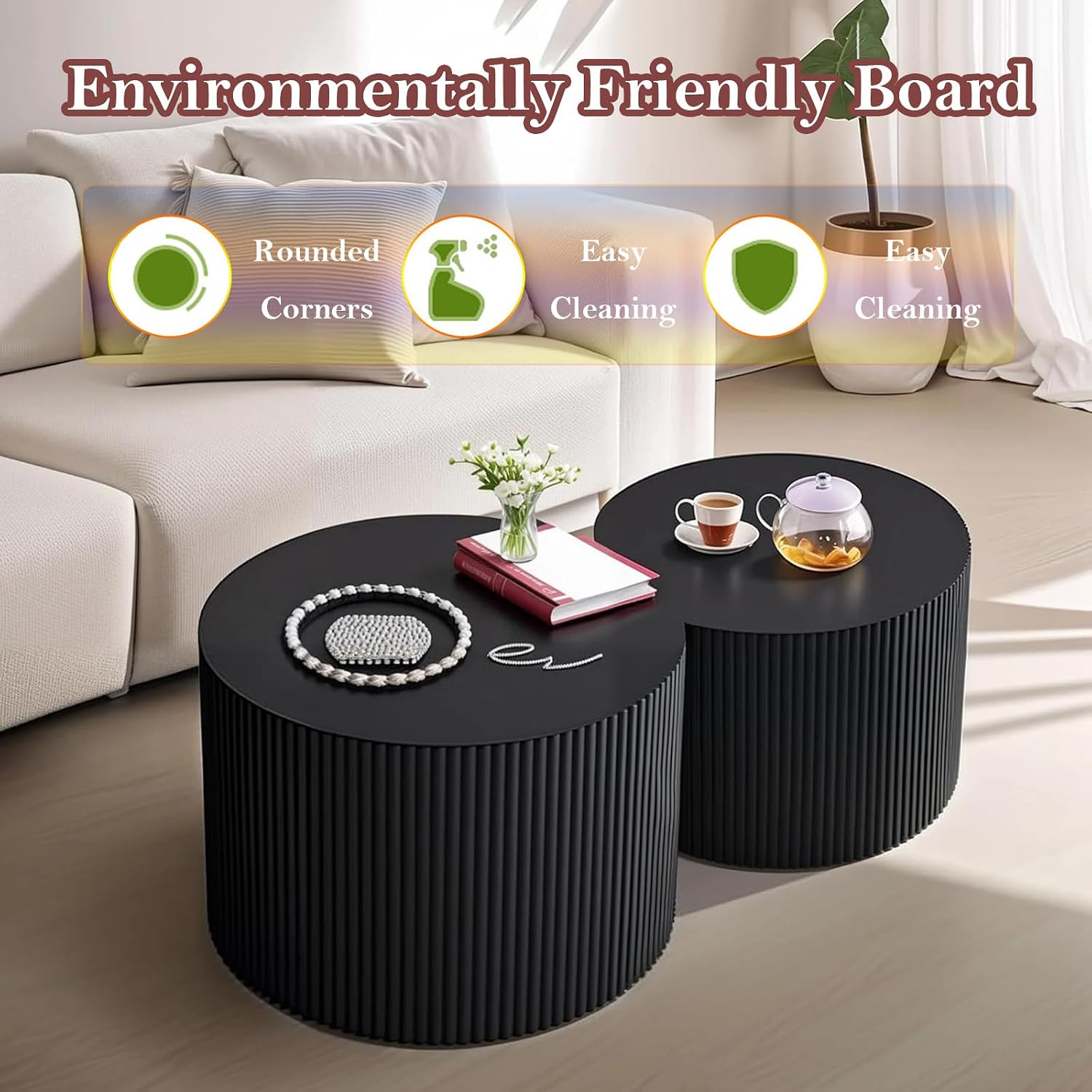 Black Round Fluted Coffee Table Set of 2 - Handcraft Embossed Design, Stylish Combination Center Drum Table for Living Room - No Assemble Needed (D-27.6IN+19.7IN)