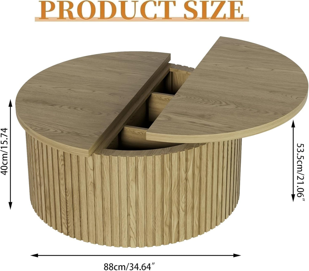 Fsbecl Round Lift Top Coffee Table with Storage, 31.6'' Modern Coffee Tables for Living Room, Fluted Wood Center Table for Office, Small Space (Wood Color)
