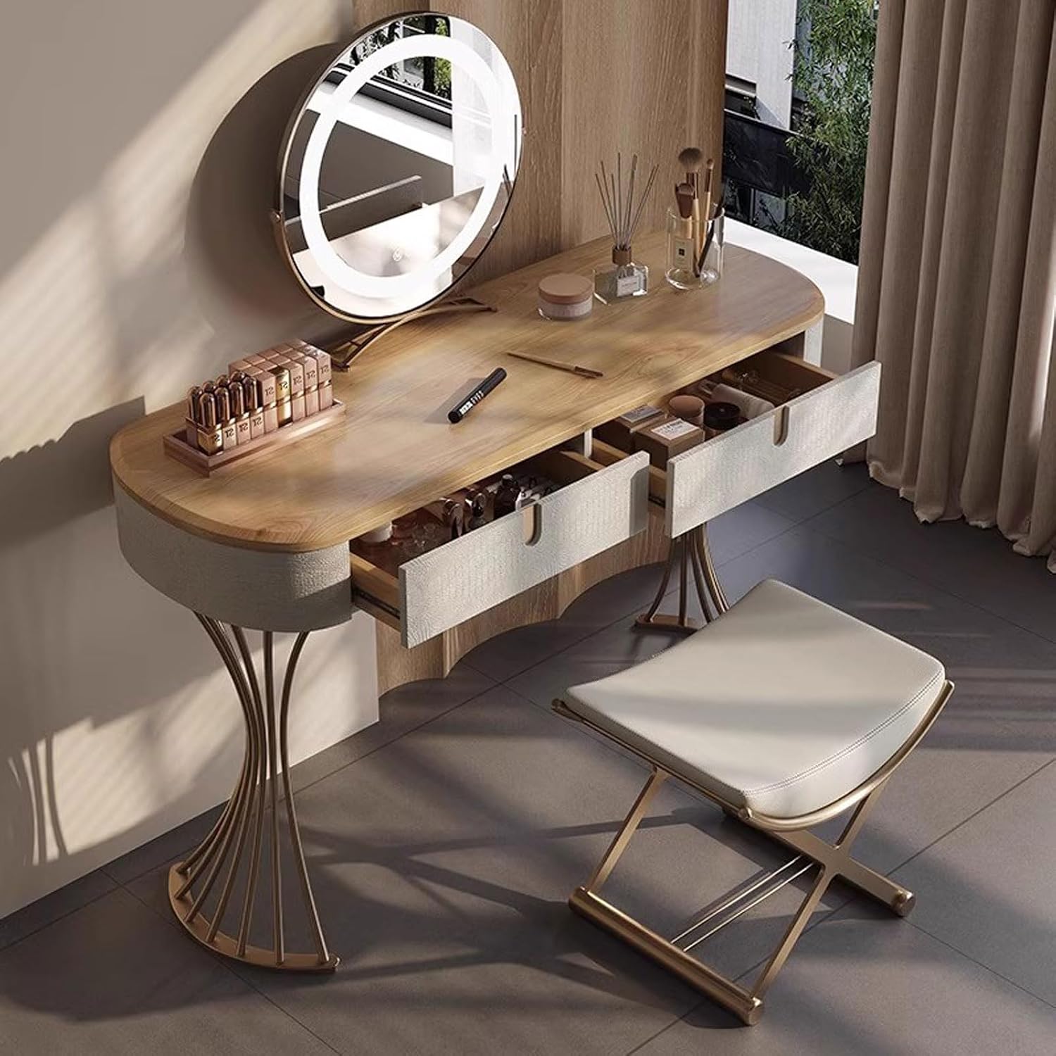 Thick Table Top Vanity Desk with Mirror Tri-Colour Lighting Creative Design Mirror Stainless Steel Stand Solid Wood Frame Makeup Table