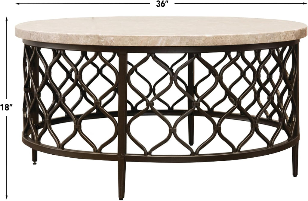 Steve Silver Furniture Roland Round Marble Coffee Table, 36-Inch Round Coffee Table, Bronze Metal Base, Modern Design, Living Room, 36'' L x 36'' W x 18'' H, White