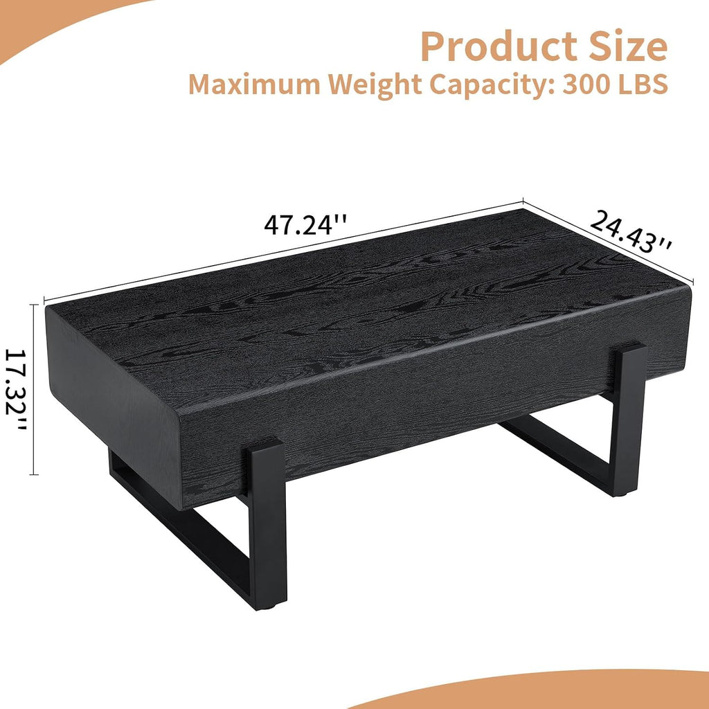 47.24' Rectangle Coffee Table, Wood Coffee Table Center Table with 7.8' Thick Tabletop Metal Legs Rounded Corners for Living Room Office, Black
