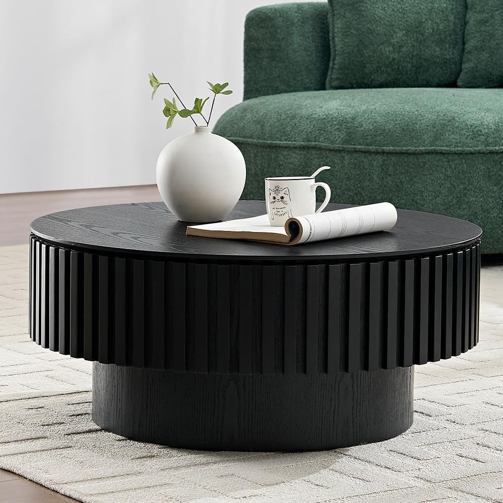 WILLIAMSPACE 31.49' Round Coffee Table with Storage for Living Room, Modern Circle Center Table with Solid Wood Veneered & Sturdy Pedestal, Accent End Tea Table for Apartment - Black