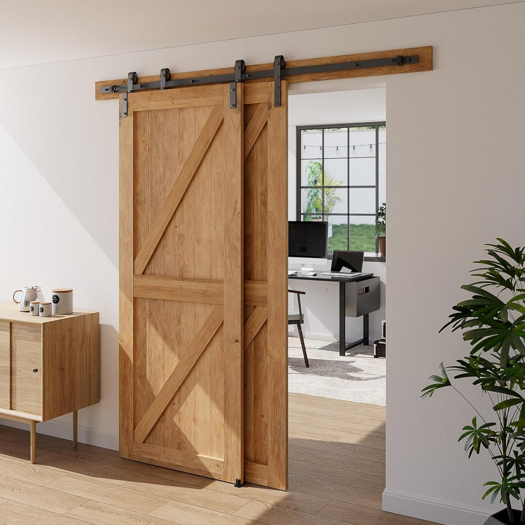 10.5 Feet Bypass Sliding Barn Door Hardware Kit for Double Wooden Doors-Single Track with Bypass Door Floor Guide