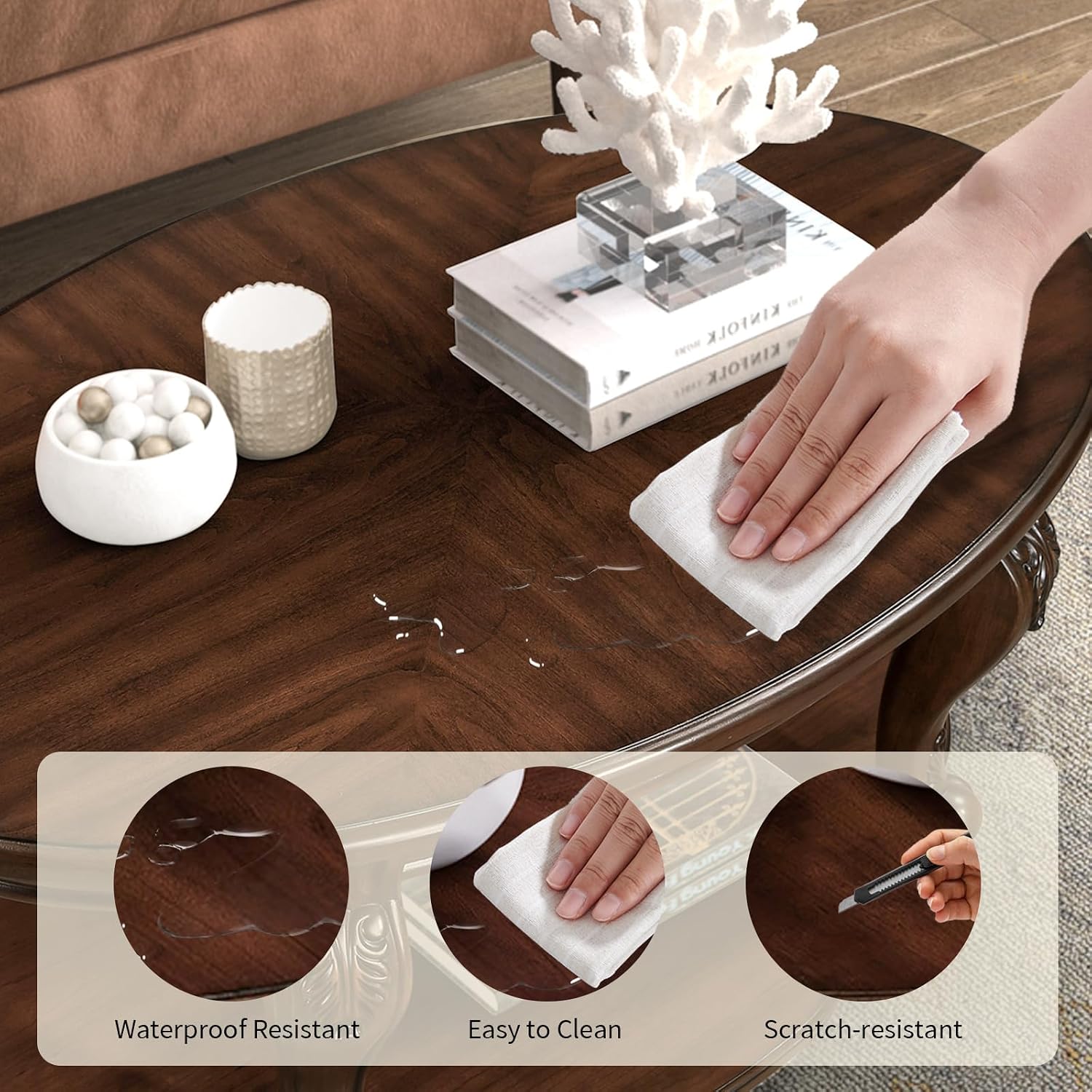 Wood Coffee Table Set for Living Room Round End Tables Set of 2, Antique Coffe Table Legs with Elegant Carvings, Cherry