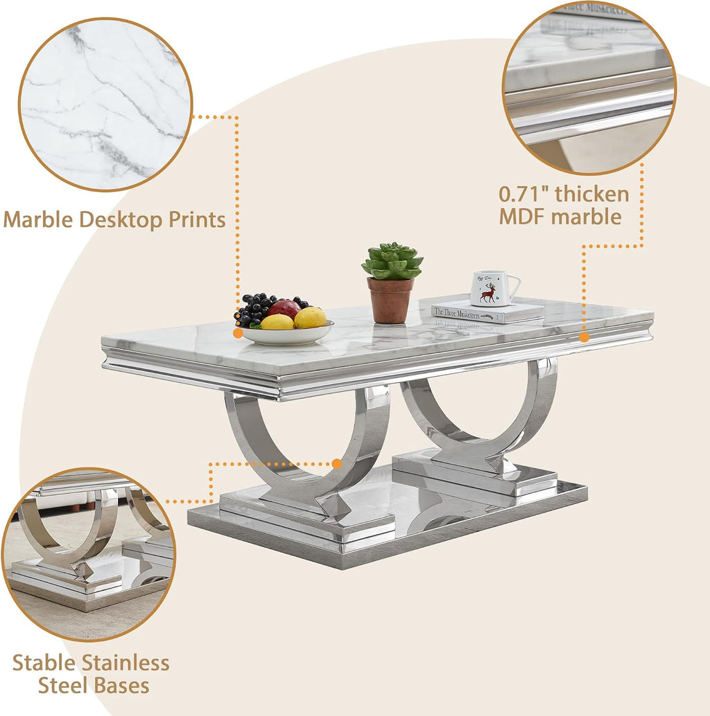 Marble Coffee Table, 47' White Faux Marble Rectangular Cocktail Table with Mirrored Finish Double O-Shape Stainless Steel Base, Central Cocktail Tea Tables for Living Room Office, Silver