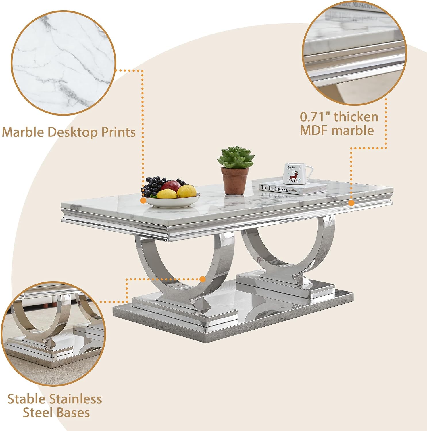 Marble Coffee Table, 47' White Faux Marble Rectangular Cocktail Table with Mirrored Finish Double O-Shape Stainless Steel Base, Central Cocktail Tea Tables for Living Room Office, Silver