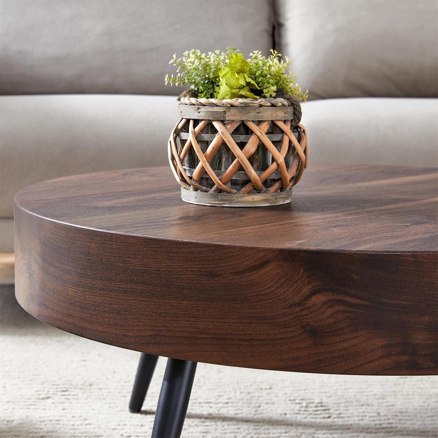 Round Coffee Table, Small Wood Coffee Table with Storage, Modern Mid Century Circle Tables Accent Center Tables for Living Room Apartment Small Space (31.5''D-Walnut)