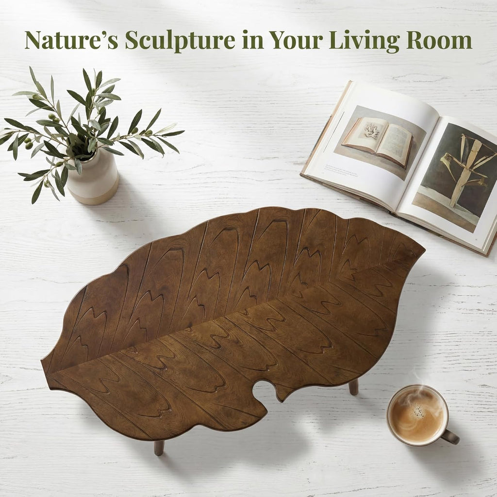 HNY Modern Coffee Table for Living Room, Brown Wood Coffee Table Farmhouse Center Table Vivid Leaf Table End Table with Rustic Grain Side Table with Wood Leg for Bedroom Office Cafe Small Space