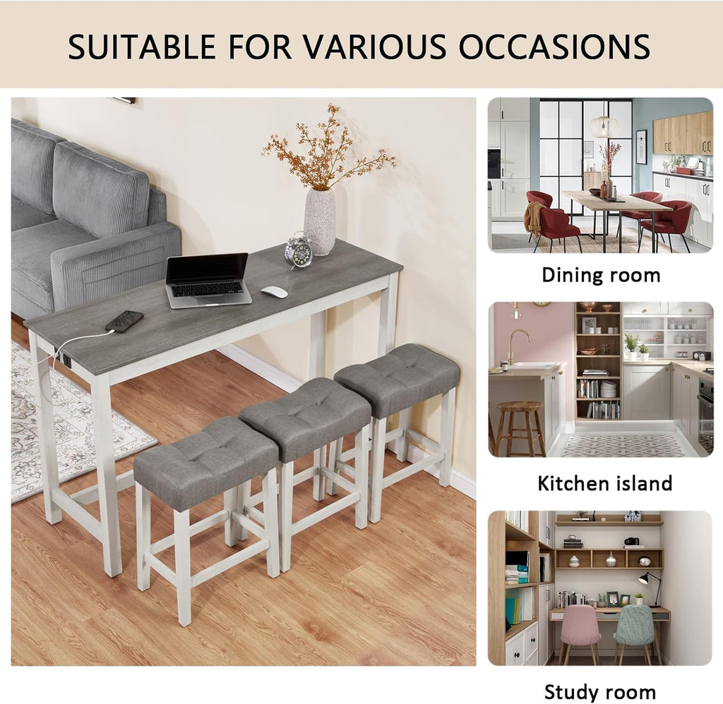 Merax 59 inch Bar Table Set with Power Outlet USB/Type-C, Behind Couch Table with 3 Padded Stools for Kitchen, Living Room, White & Grey