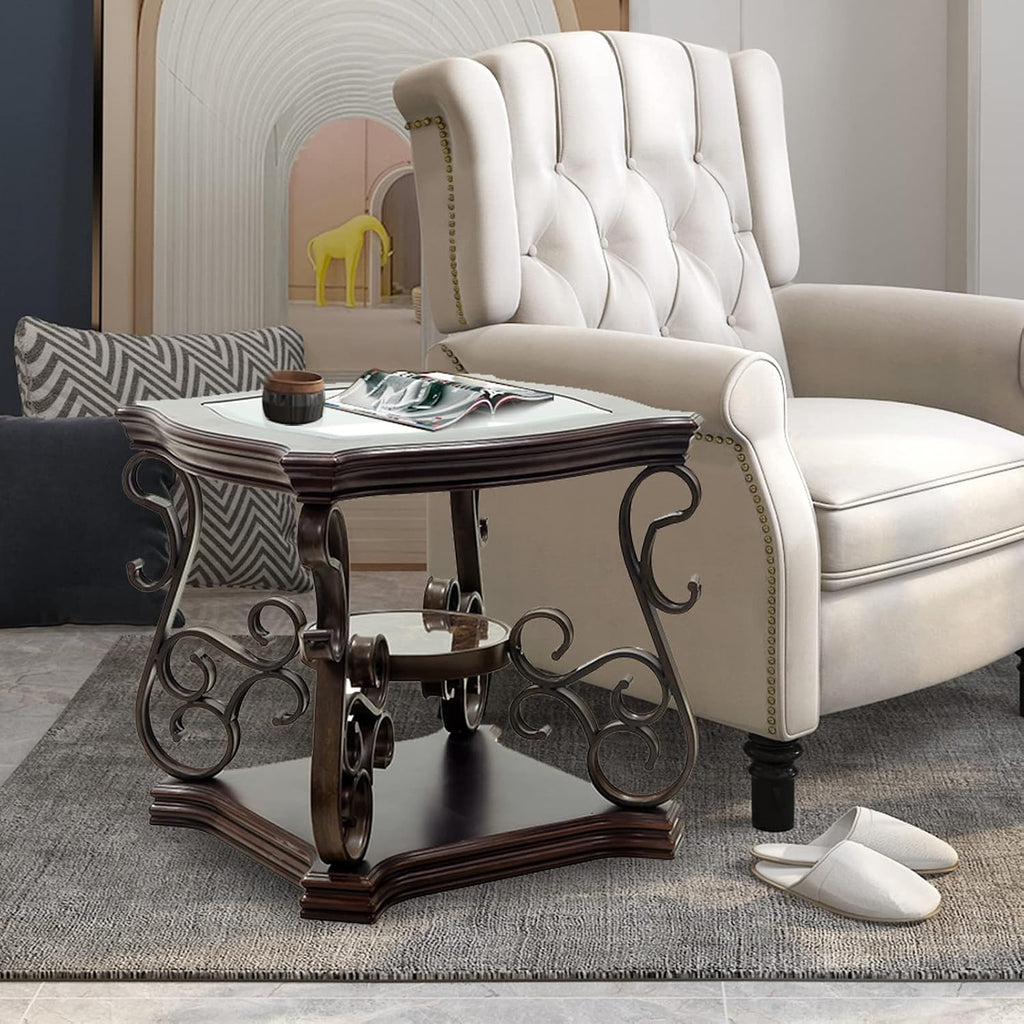 Elegant Retro End Table Sofa Side Table, Traditional 3-Tier Nightstand Bedside Table with Tempered Glass Top, Mid-Marble Shelf, Mid Century Accent Tea Table for Living Room Bedroom
