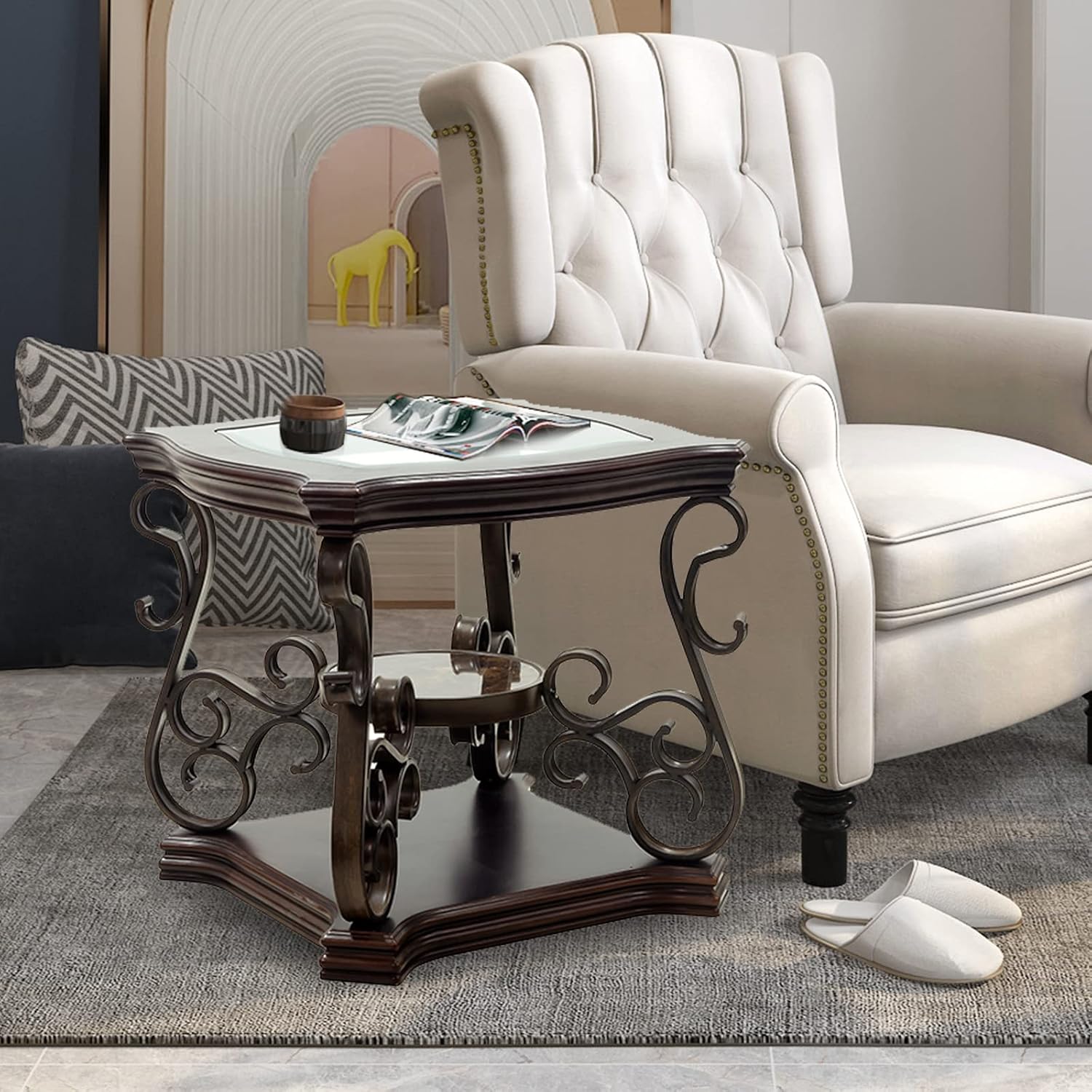 Elegant Retro End Table Sofa Side Table, Traditional 3-Tier Nightstand Bedside Table with Tempered Glass Top, Mid-Marble Shelf, Mid Century Accent Tea Table for Living Room Bedroom
