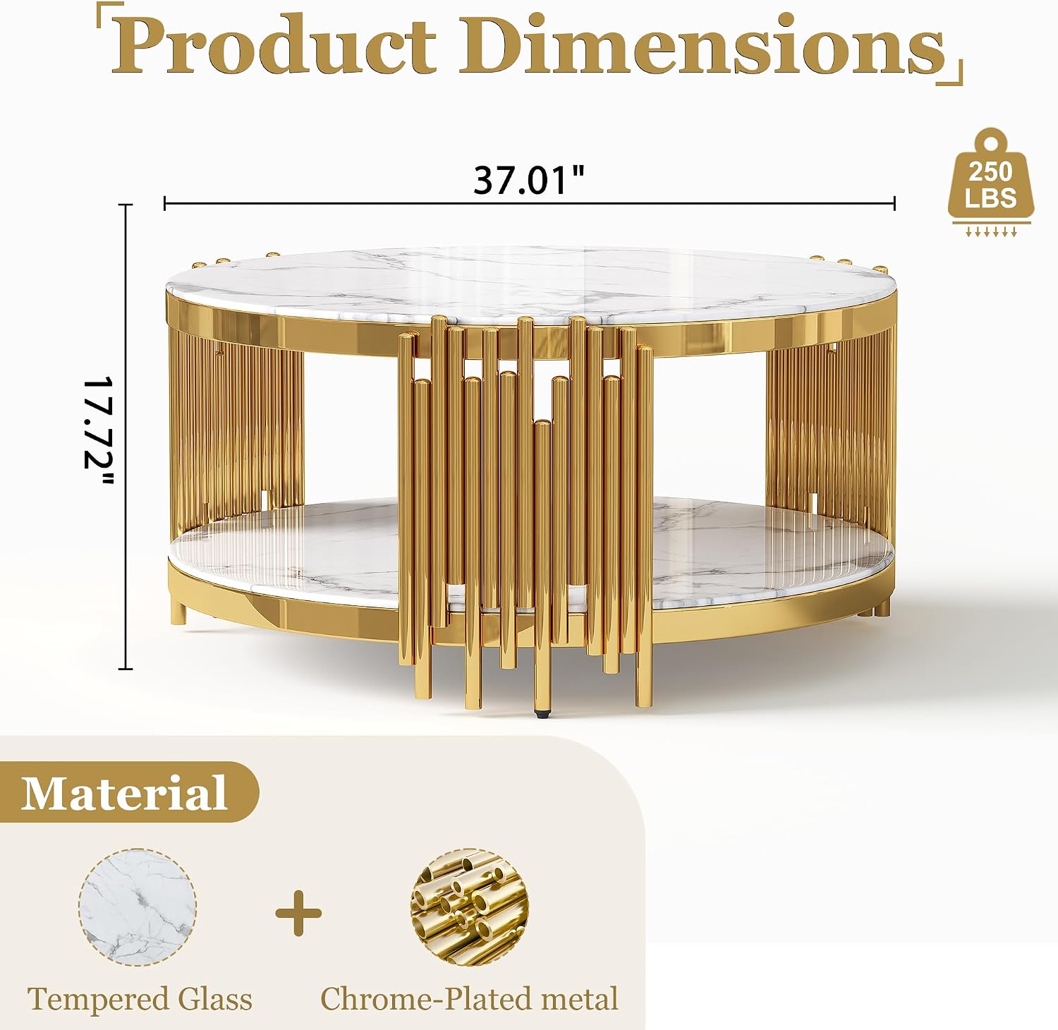 Round 2-Tier Coffee Table, 37' White Faux Marble Top and Gold Stainless Steel Frame, Luxury Modern Center Table for Living Room, Office or Apartment