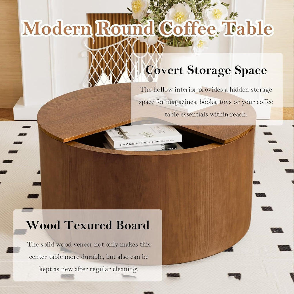 27.16' Modern Brown Side Table with Storage, Mid Century Round Sofa End Table - 360° Rotation Tabletop for Small Space No Assemble Required (Brown 27.16in)