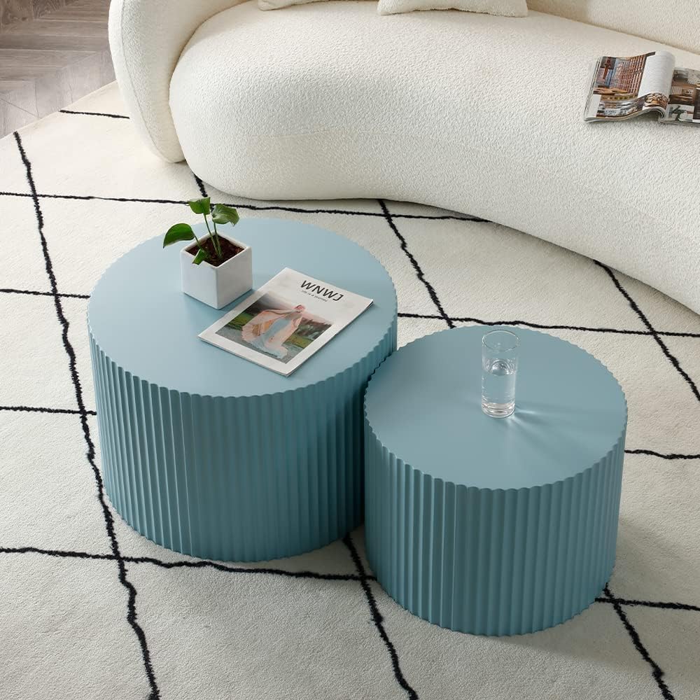 KEVINSPACE Nesting Coffee Table Set of 2, Modern Round Wooden Coffee Tables Luxury Side Table Circle Coffee Table Accent End Table for Living Room Apartment No Installation Required 23.62' Φ Blue