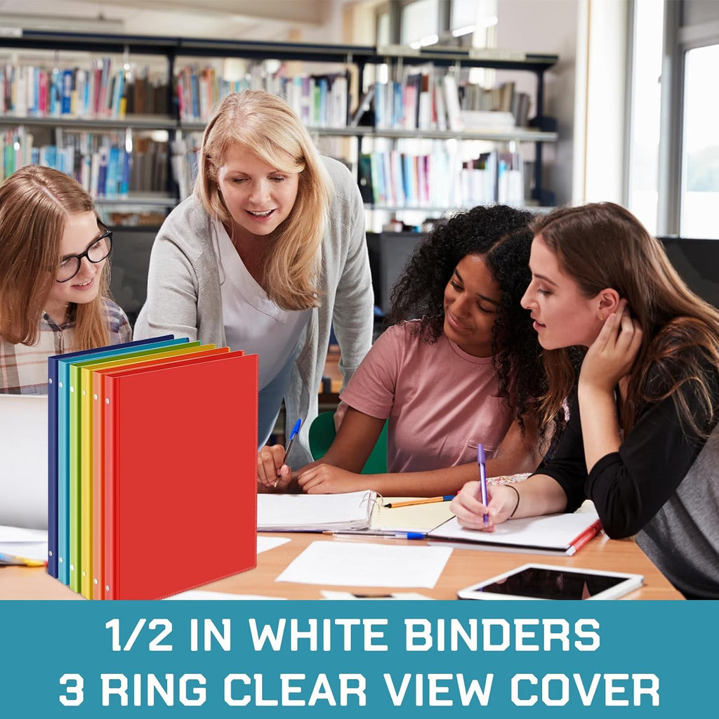 Fulmoon 48 Pack 3 Ring Plastic Binders 1/2 Inch Bulk with 2 Pockets, Flexible Binder Loose Leaf Hardcover, Fit 12' x 10' US Letter Size Paper, for School Office Home, 6 Colors(Vibrant)