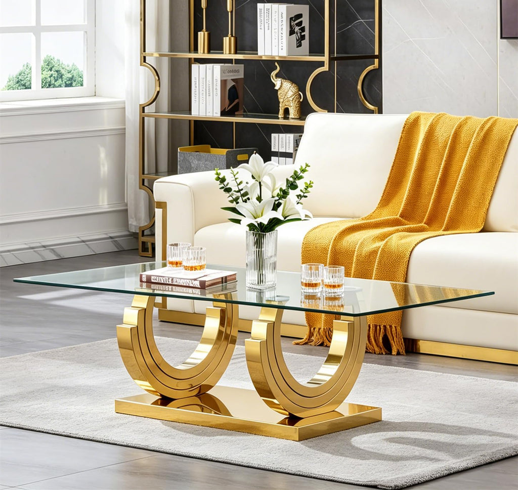 1 Piece Living Room Coffee Table Luxury Glass Center Table, Modern Gold Coffee Table with C-Shape Stainless Steel Pedestal Base