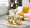 1 Piece Living Room Coffee Table Luxury Glass Center Table, Modern Gold Coffee Table with C-Shape Stainless Steel Pedestal Base