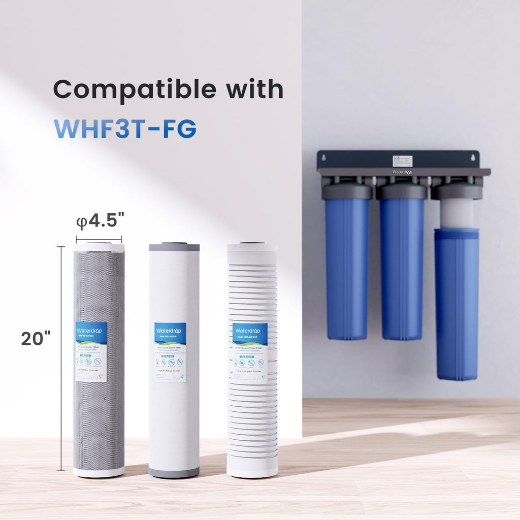 Waterdrop WF20PFC Whole House Water Filter, Compatible with WHF3T-FG, iSpring WGB32BM, Express Water WH300SICS, HQUA WF3-01, Any 20' x 4.5' System, Reduces Iron, Manganese, Chlorine