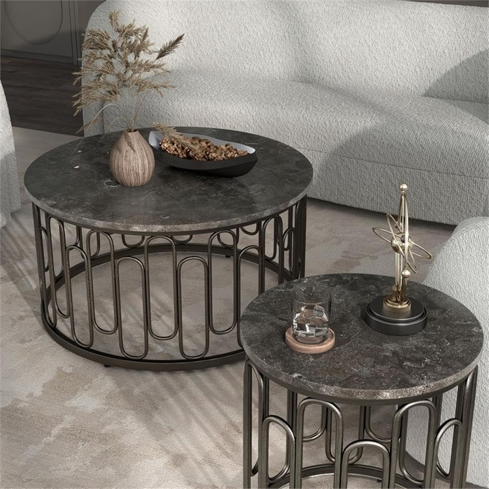 BOWERY HILL Marble and Metal 3-Piece Coffee Table Set, Black Finish, Includes Round Marble Coffee Table 36 in and 2 End Tables 20 in, Sturdy Decorative Iron Base, Contemporary Style Living Room
