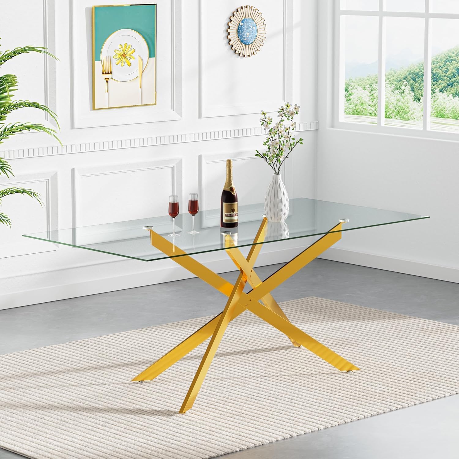 61' Modern Dining Table Set for 6, Rectangular Tempered Glass Dining Table and 6 Beige Velvet Dining Chairs, Luxury 7 Piece Kitchen Dining Room Tables Set with Gold Chrome Metal X-Base