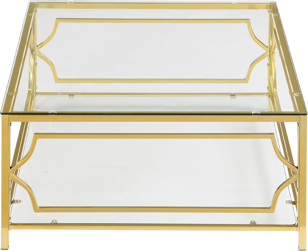 33.5'' Tempered Glass Square Coffee Table for Living Room, 2-Tier Modern Coffee Table, Mirror Tabletop & Metal Base, Easy Assembly, Transparent & Gold