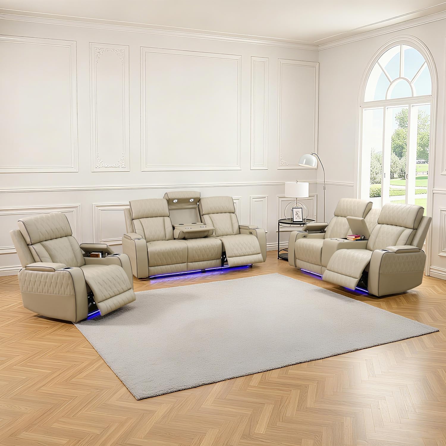 Power Recliner Sofa Set with LED Lights,Leather Reclining Couch with Coffee Table/Storage Console/Cup Holder,Reclining Living Room Set with 5 Recliner Seats for House(3 Piece Set,Paddy)