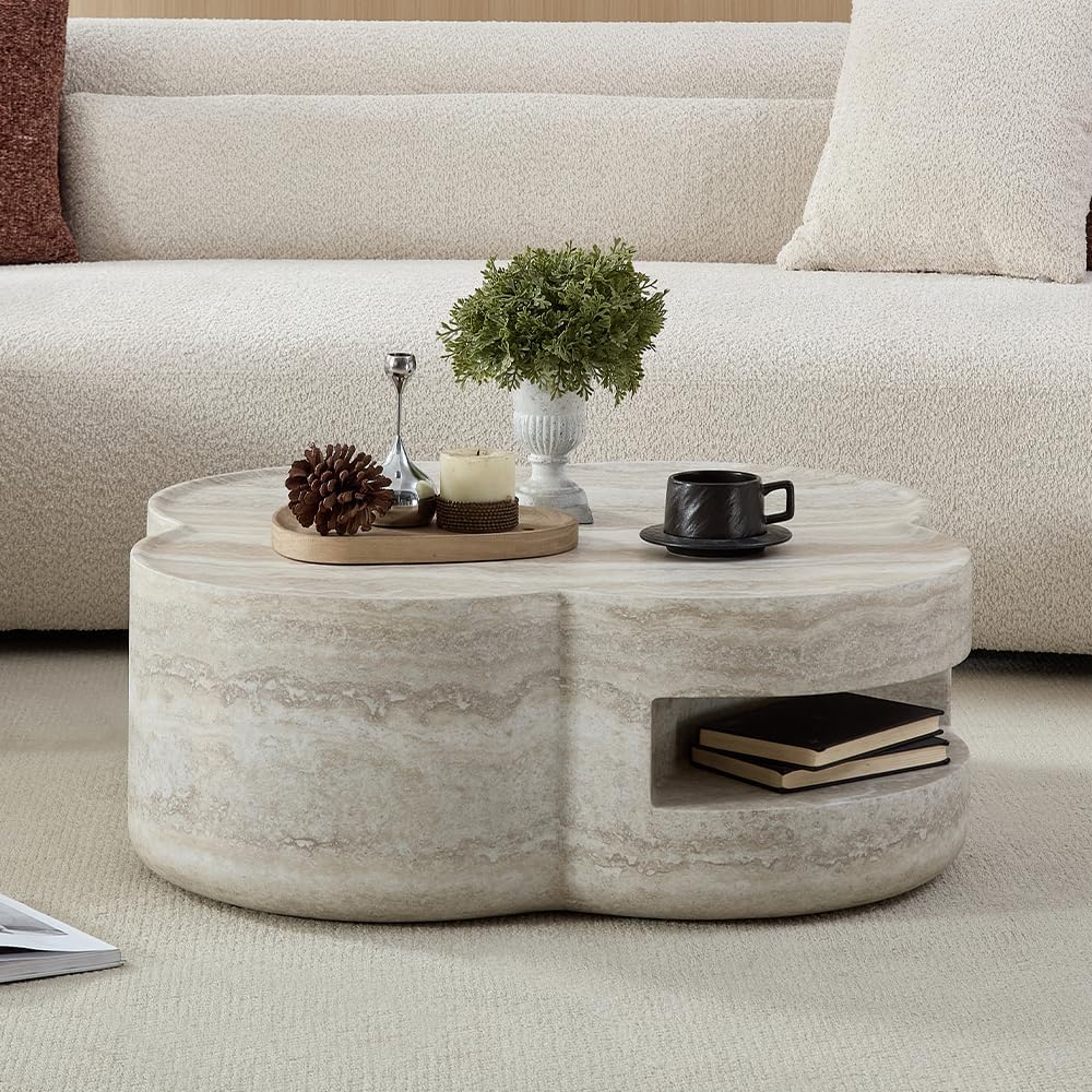 WILLIAMSPACE 31.5' Faux Marble Coffee Table with Four‑Leaf Clover-Shaped, Modern Mars-Pattern Fiberglass Faux Stone Center Table Accent Tea Table for Living Room, No Assembly (Beige)