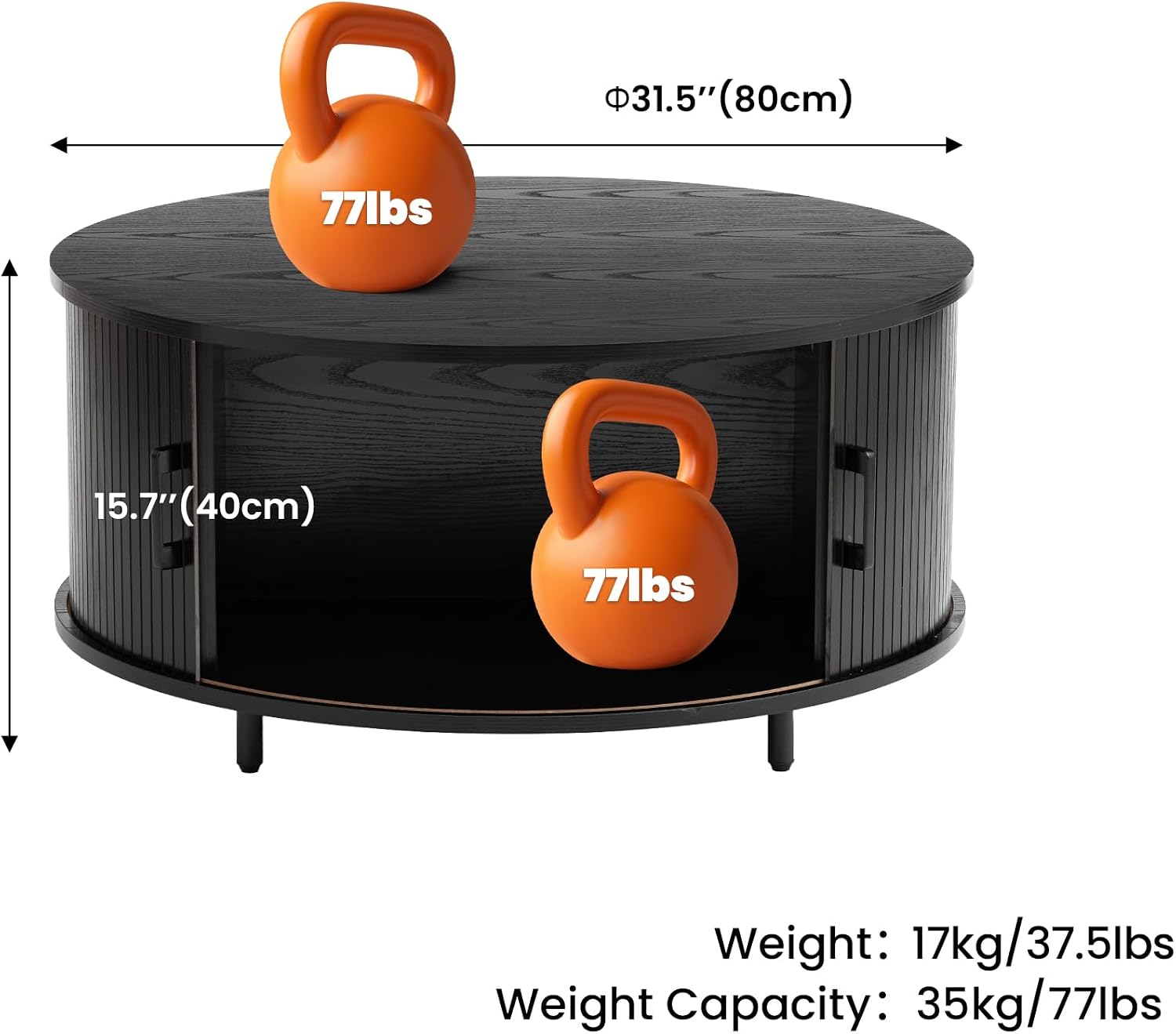 HOMPUS Round Coffee Table with Storage, 31.5' Mid Century Modern Coffee Table with 360° Sliding Door, Fluted Wooden Coffee Table with Adjustable Footpads, Center Table for Living Room, Black