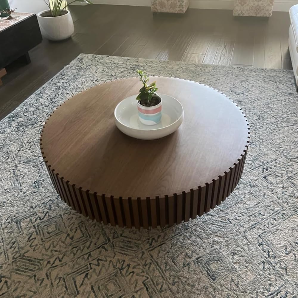 WILLIAMSPACE 31.49' Walnut Round Coffee Table, Modern Luxury Wood Circle Drum Center Table for Living Room, Accent Side End Tea Table for Apartment, ø31.49'' x 13.77''H (Walnut)