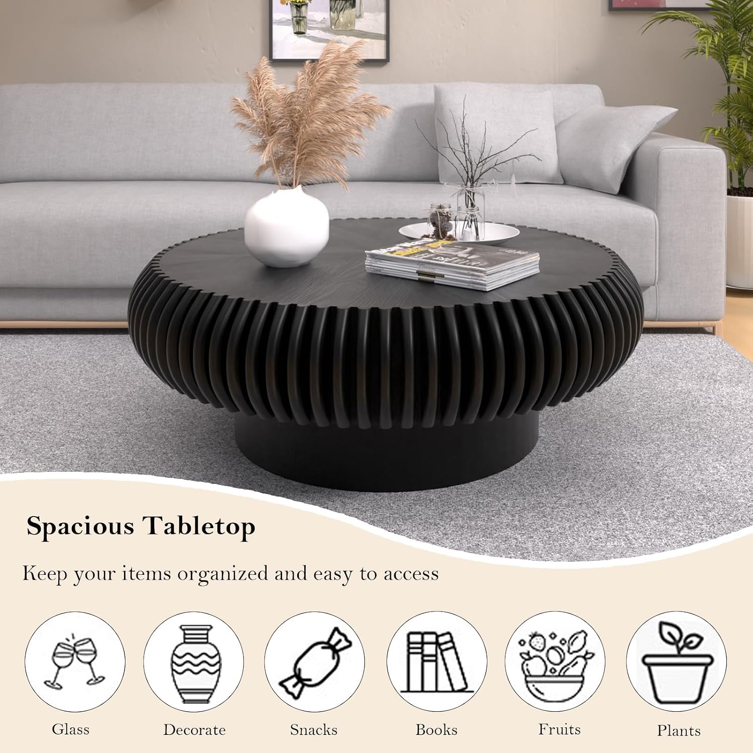 31.49' Round Fluted Coffee Table Unique Contemporary Wood Low Circle Drum Tea Tables with Sturdy Pedestal for Small Space (H Black 31.49in)