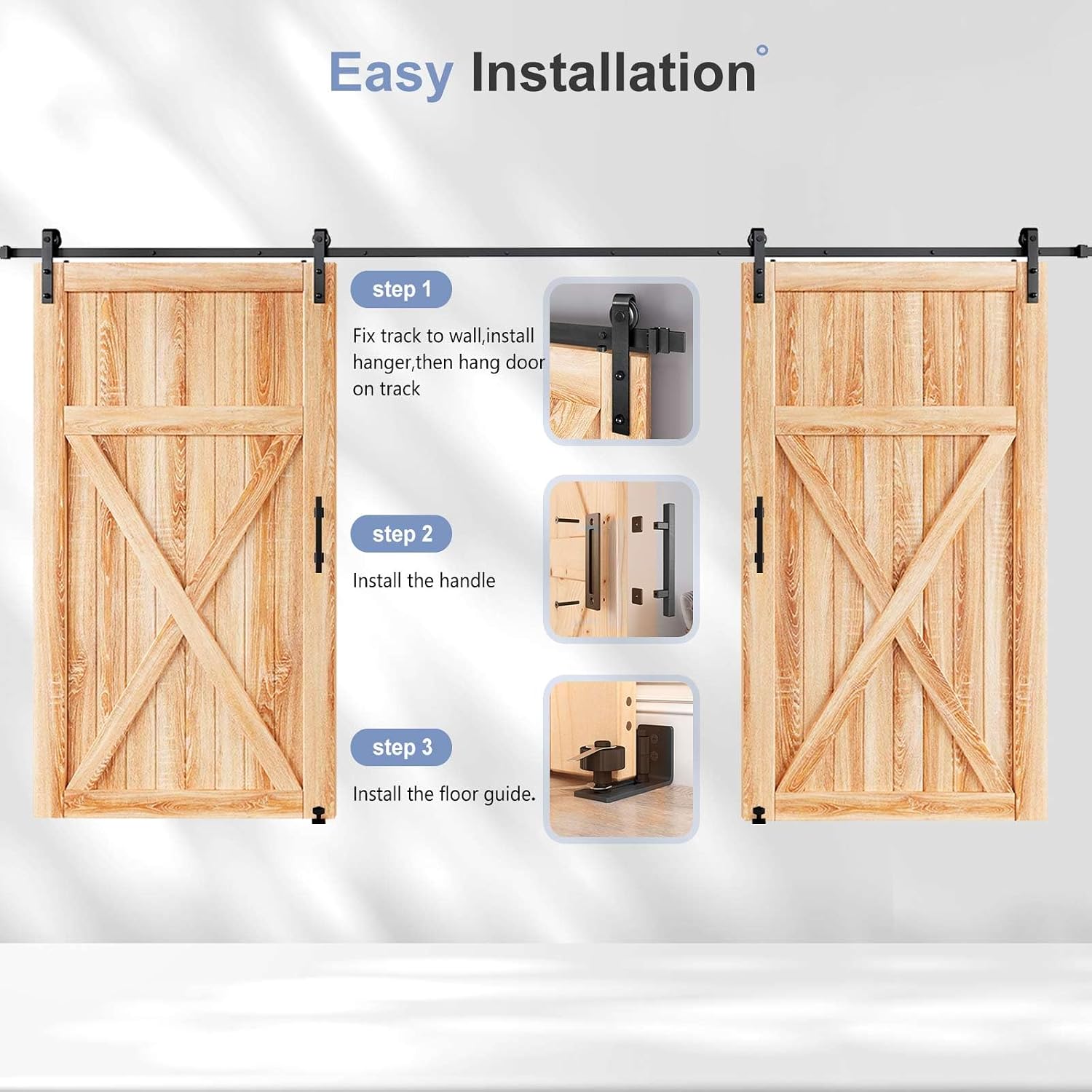 EaseLife 14 FT Double Sliding Barn Door Track and Handle Hardware Kit,Basic J Pulley,Slide Smoothly Quietly,Easy Install (14FT Track Kit Fit for 40'~42' Wide Double Door)