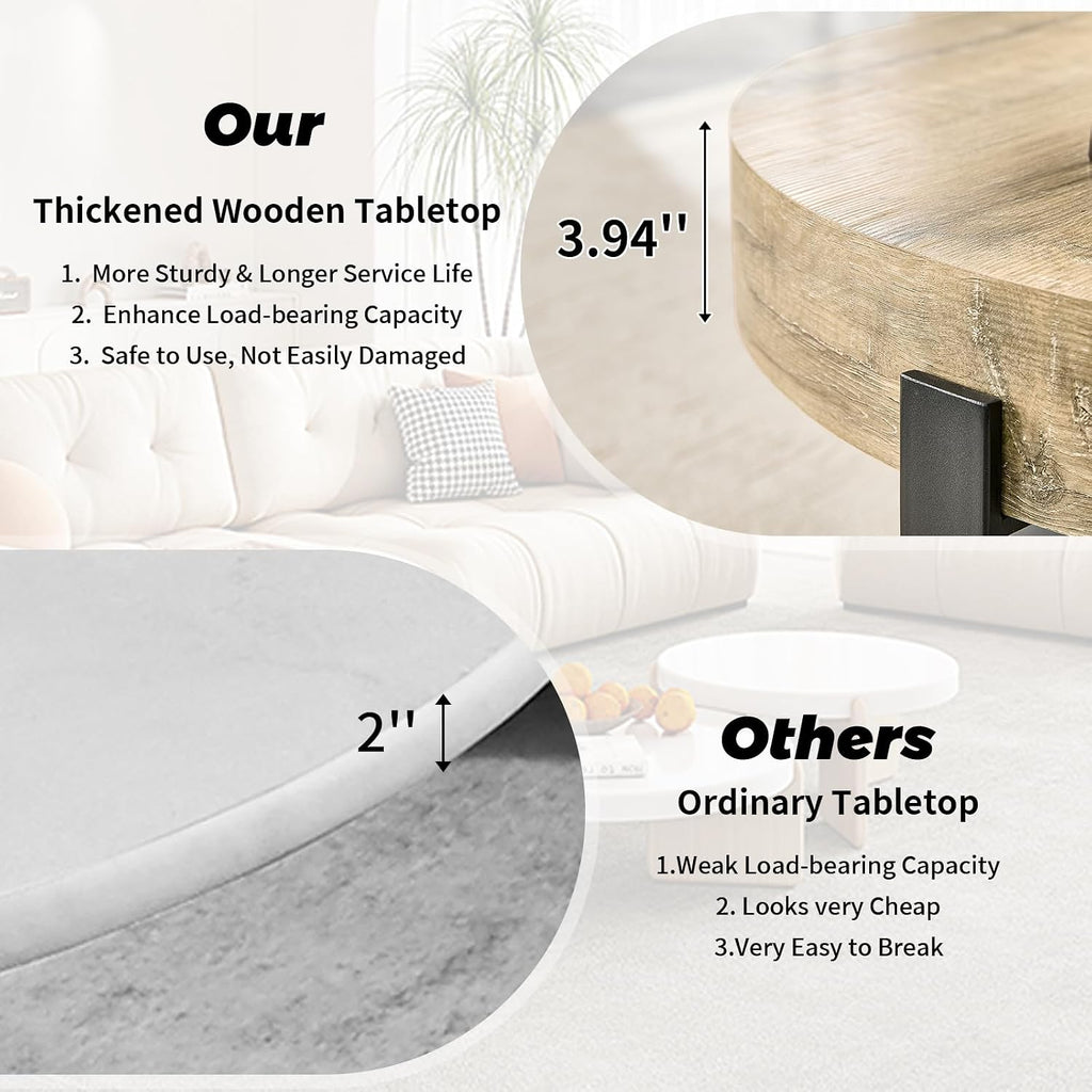Round Coffee Table, Small Wood Coffee Table with Storage, Modern Rustic Distressed Wood Grain Circle Tables Accent Center Tables for Living Room Apartment Small Space (31.5''D-Retro Natural)