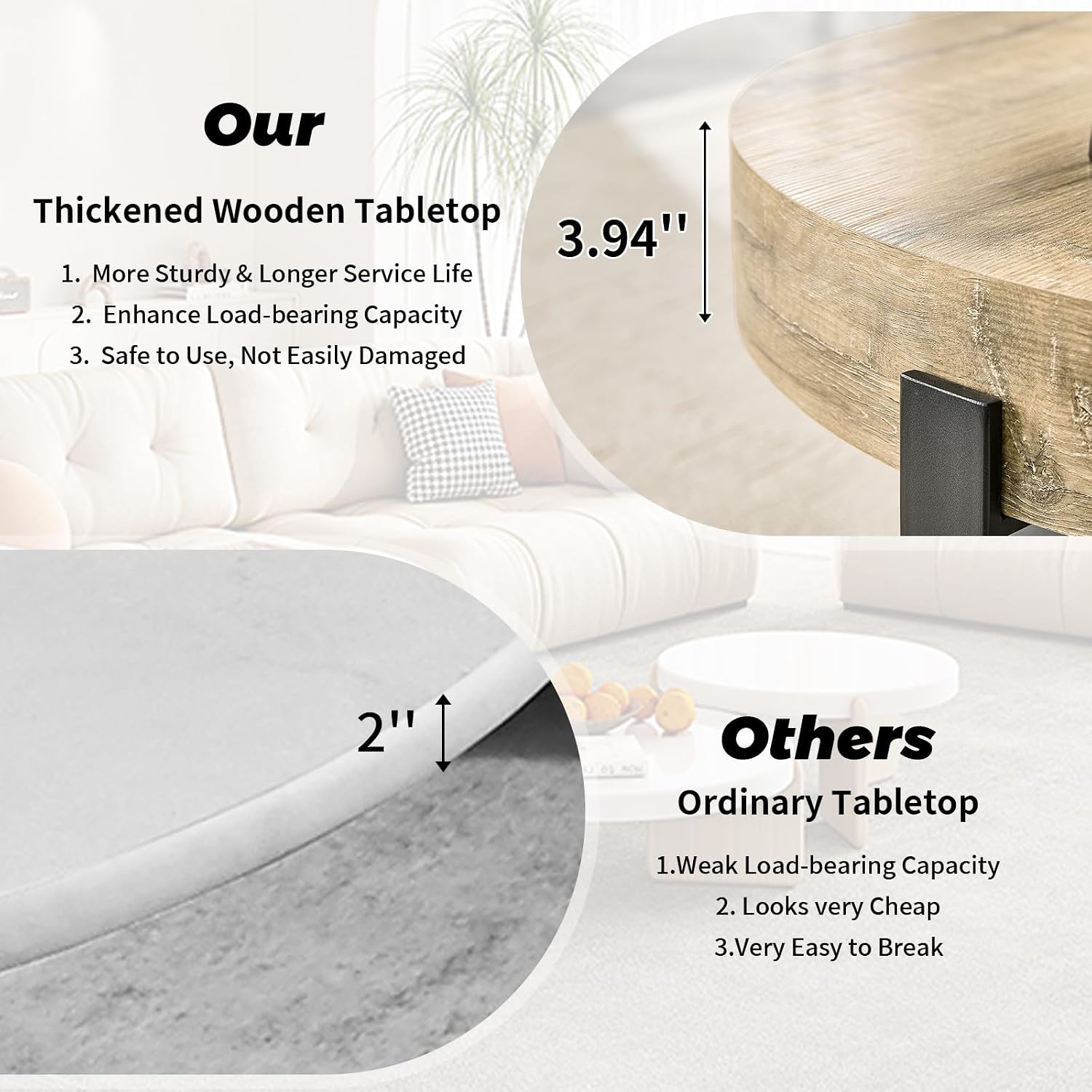 Round Coffee Table, Small Wood Coffee Table with Storage, Modern Rustic Distressed Wood Grain Circle Tables Accent Center Tables for Living Room Apartment Small Space (31.5''D-Retro Natural)