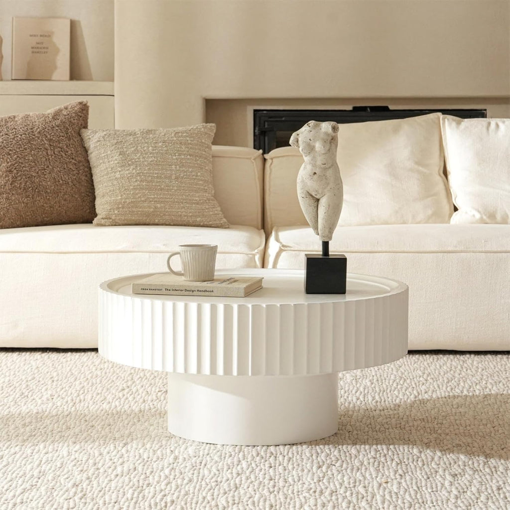 Round Coffee Table, 30.3in Modern Living Room Table, Fluted Drum Circle Tea Table with Storage, Accent Center Tables for Living Room, Apartment, Small Space (White)