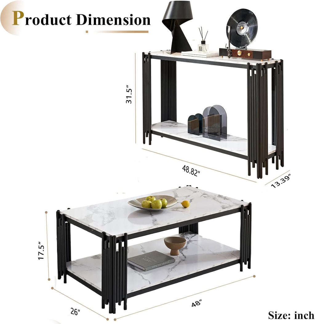 Elegant Marble Coffee Table Set of 2 White Faux Marble Coffee Table Console Table Set w/Black Metal Frame 2 Piece Living Room Table Set with 1 Rectangle Coffee Table & Sofa Table
