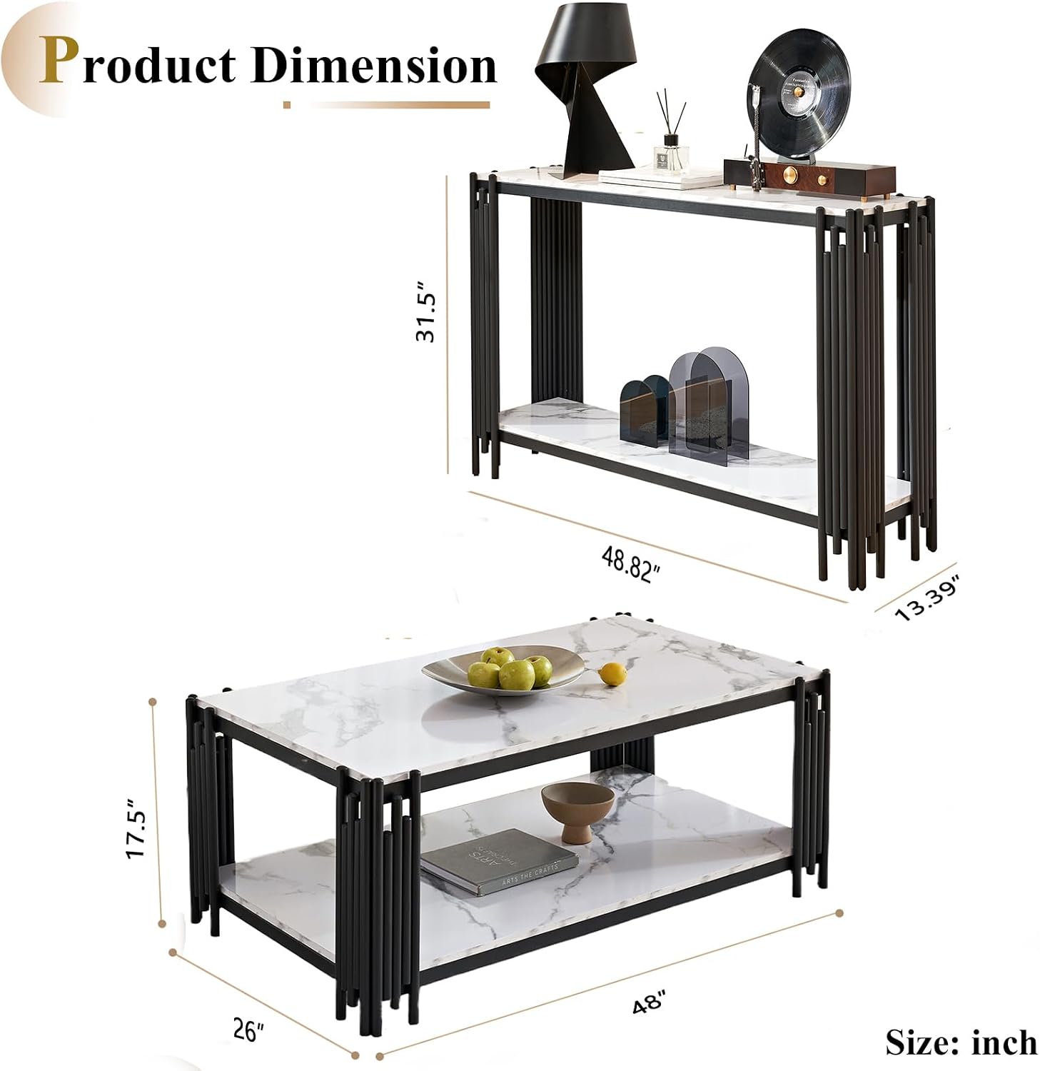 Elegant Marble Coffee Table Set of 2 White Faux Marble Coffee Table Console Table Set w/Black Metal Frame 2 Piece Living Room Table Set with 1 Rectangle Coffee Table & Sofa Table