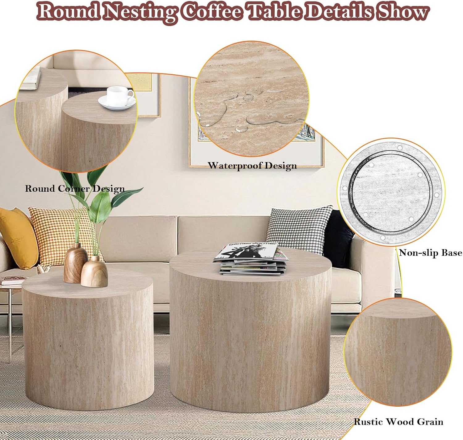 Stylish Nesting Coffee Table Set of 2, Elegant Chic Round Wooden Center Table - Smooth Finish & Easy to Clean, No Assemble Needed (E-18.1+14.6in)