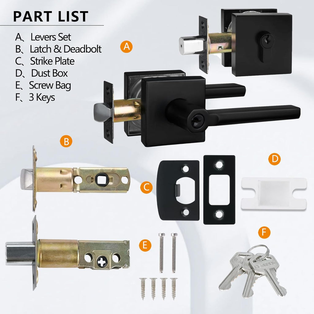 NEWBANG (3Pack Square Heavy Duty Keyed Entry Combo with deadbolt and Lever Door Handle in Matte Black (for Entrance/Exterior/Front/Office Door) Left or Right Handed