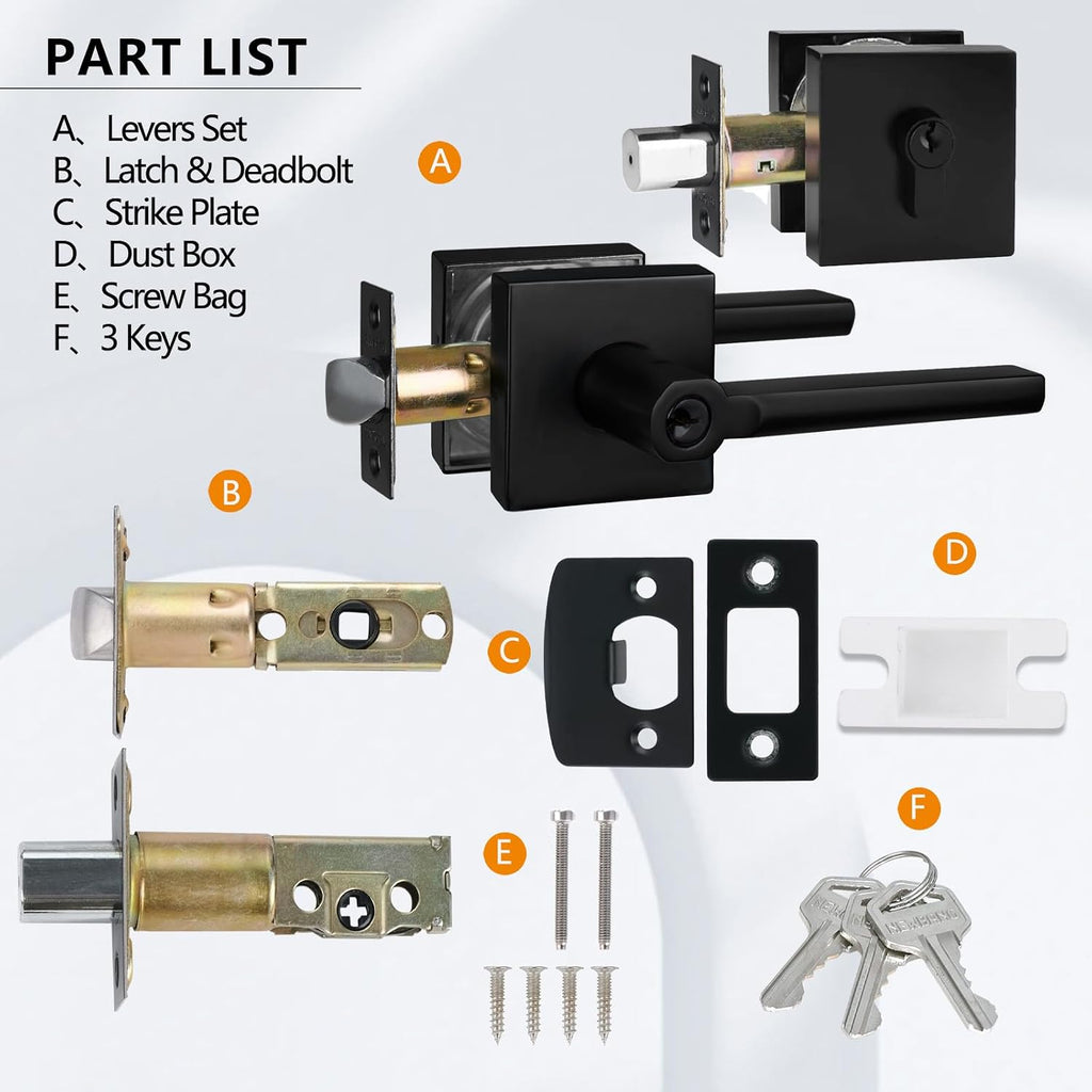 NEWBANG (7Pack) Square Heavy Duty Keyed Entry Combo with deadbolt and Lever Door Handle in Matte Black (for Entrance/Exterior/Front/Office Door) Left or Right Handed
