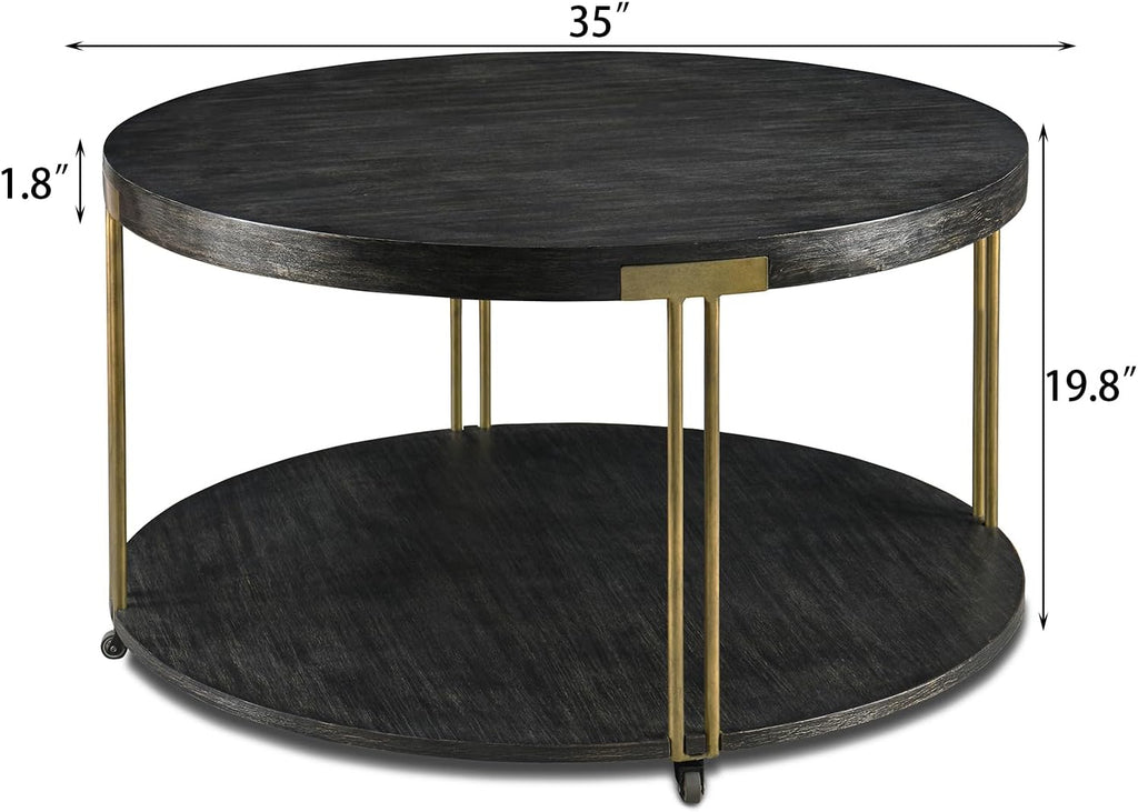 Biaco Round 35' Coffee Table with Wheels for Living Room, Modern Industrial Retro 2 Tier Circle Large Center Table, Wooden Textured Top & Antiqued Golden Metal Legs,Black Gold