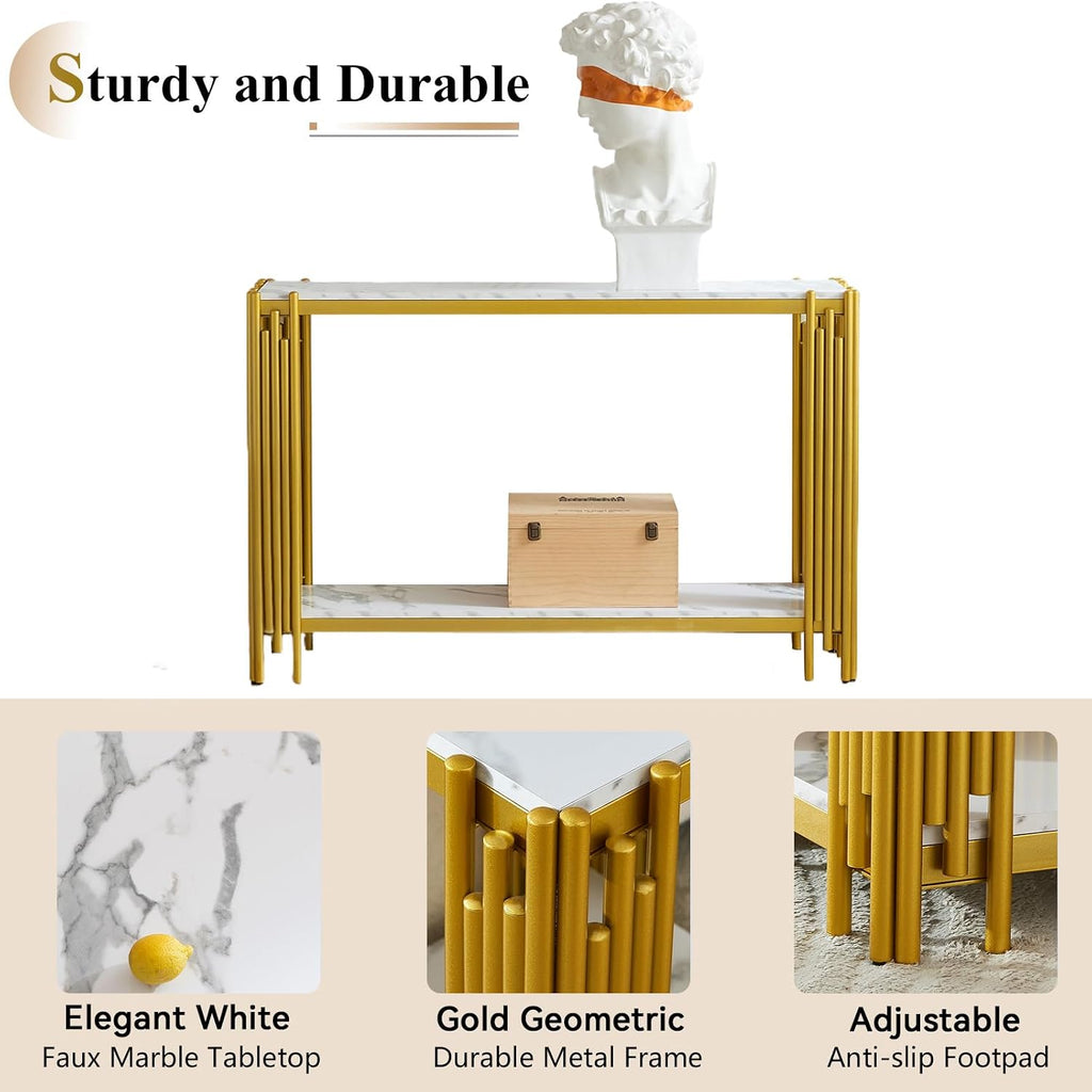 Elegant 2 Tier White Marble Console Table, Luxury Gold Living Room Sofa Table, 48' Long Modern Entryway Table, Golden Hallway Entrance Table with Adjustable Feet