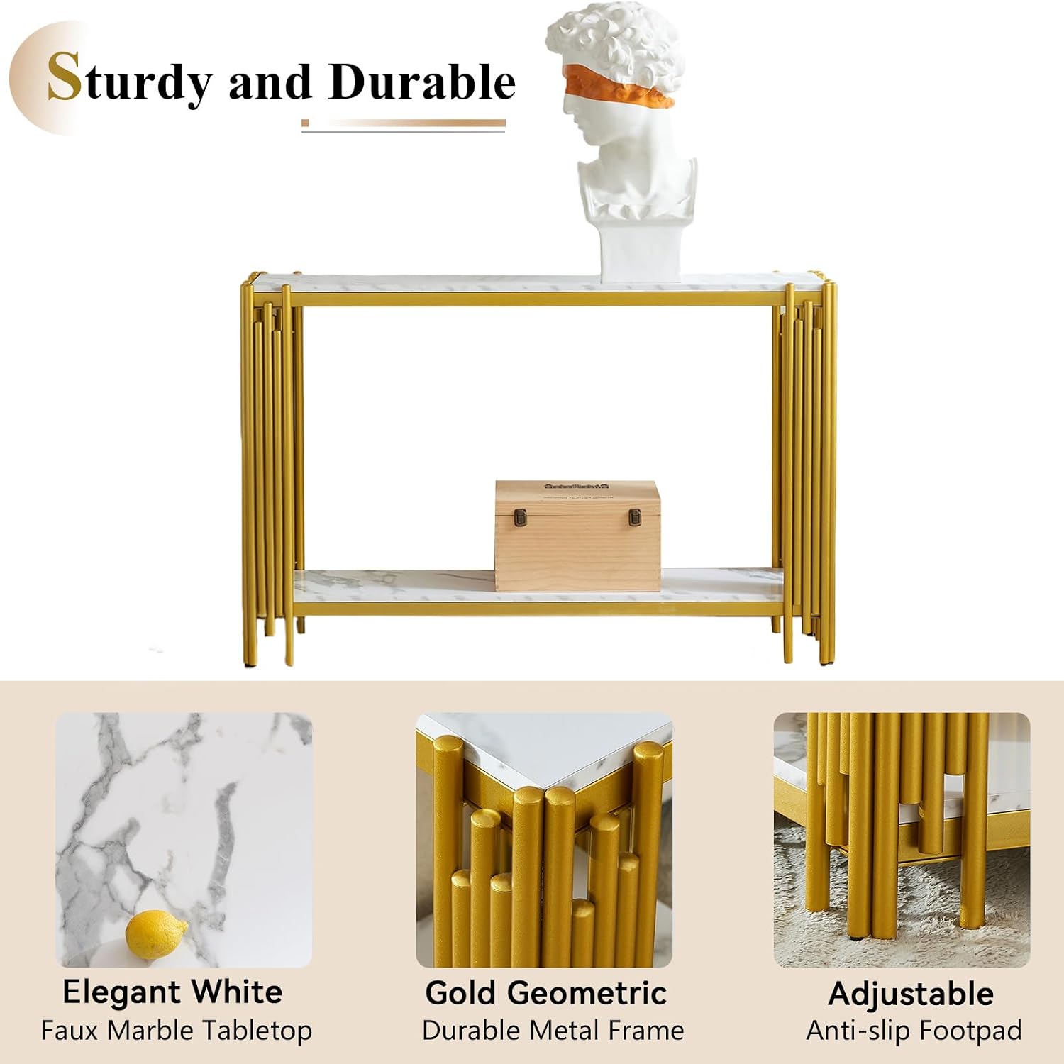 Elegant 2 Tier White Marble Console Table, Luxury Gold Living Room Sofa Table, 48' Long Modern Entryway Table, Golden Hallway Entrance Table with Adjustable Feet