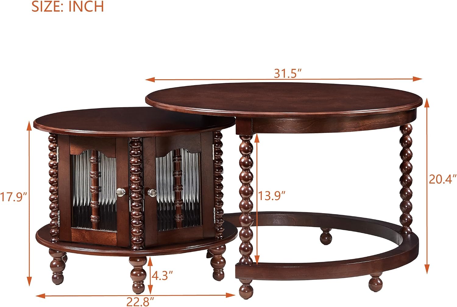 31.5' Vintage Round Nesting Coffee Table,Six Bamboo-Shaped Decorative Glass Doors,Retro Beaded Legs,Walnut